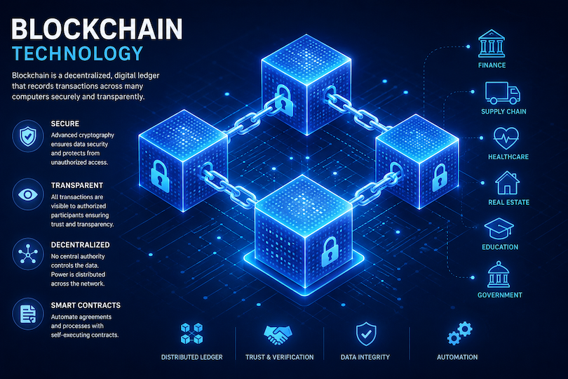 Professional blockchain technology illustration showing interconnected digital blocks, decentralized network, cybersecurity, smart contracts, cryptocurrency, Web3 ecosystem, and enterprise blockchain solutions.