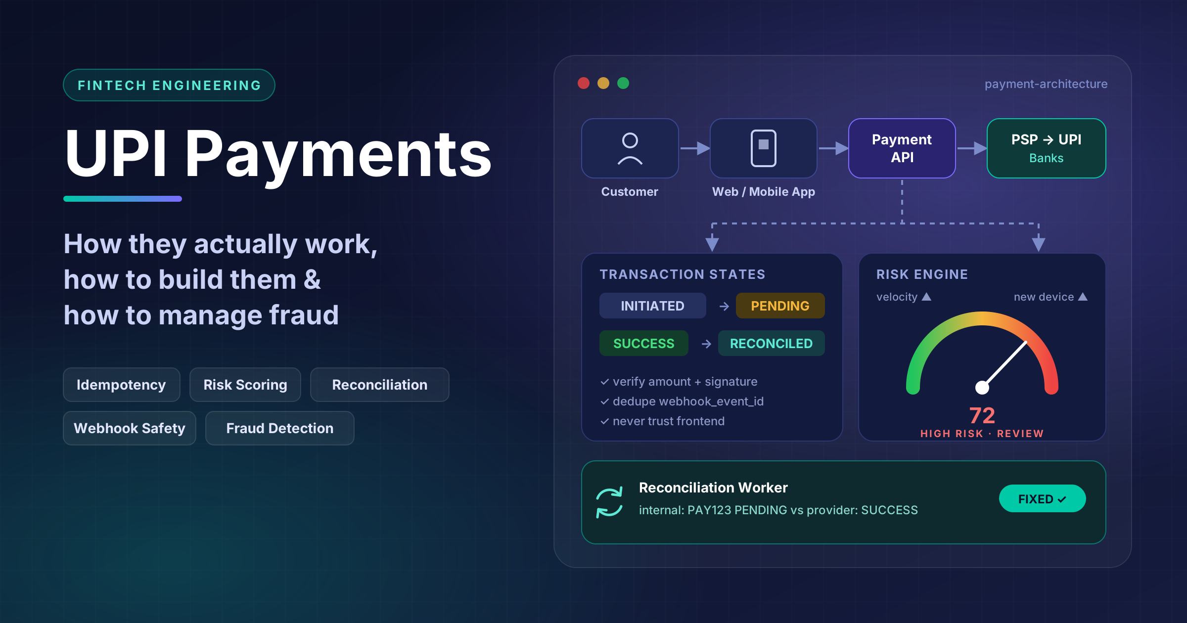 UPI payment architecture showing payment flow, backend verification, risk scoring, fraud detection and reconciliation