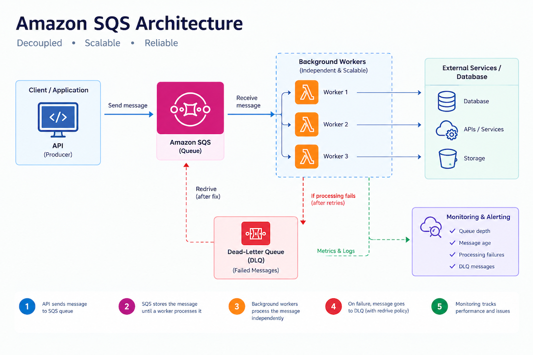 Amazon SQS architecture diagram showing message producers, an SQS queue, and consumers.